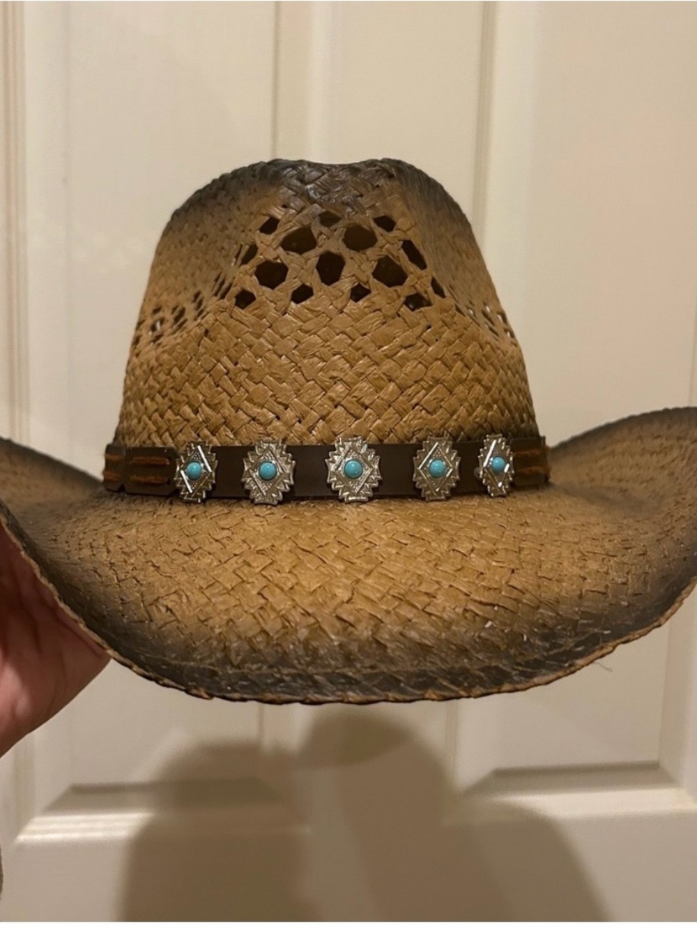 Classic Straw Cowboy Hat with Turquoise Conchos